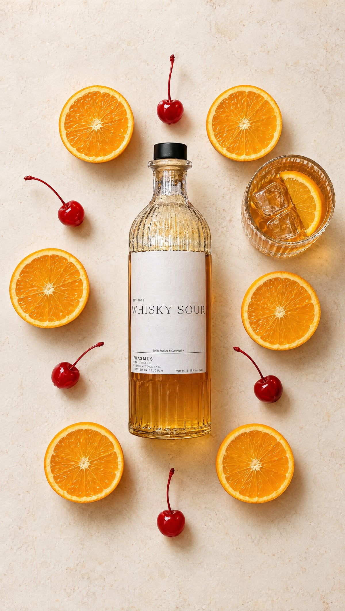 Whisky Sour – editorisches Flatlay mit Orangen und Cocktailkirschen