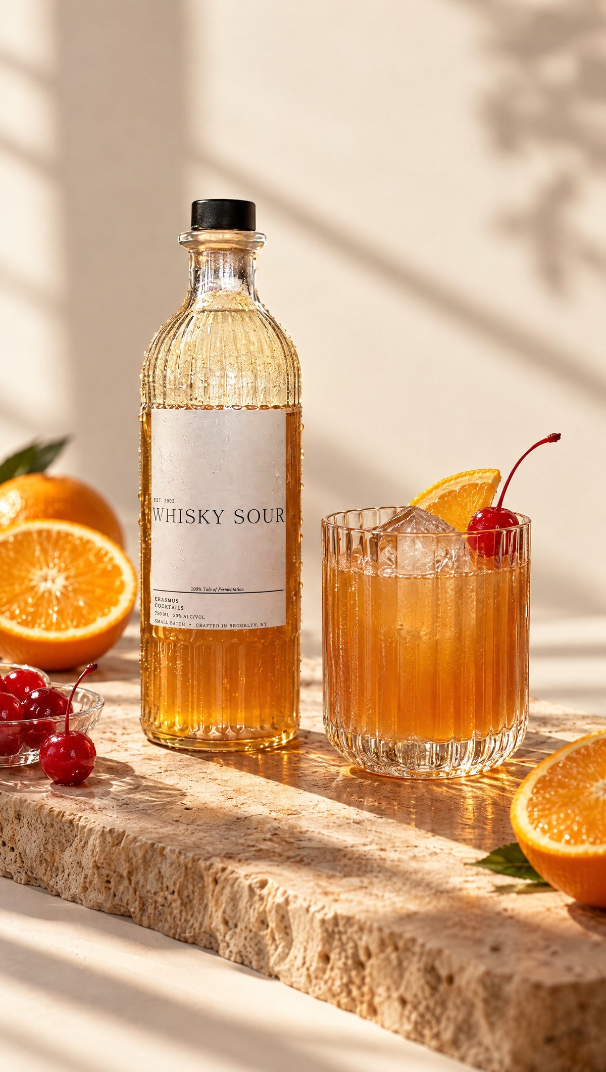 Whisky Sour – frisches Orangen und Cocktailkirschen Mood-Setting im Sonnenlicht