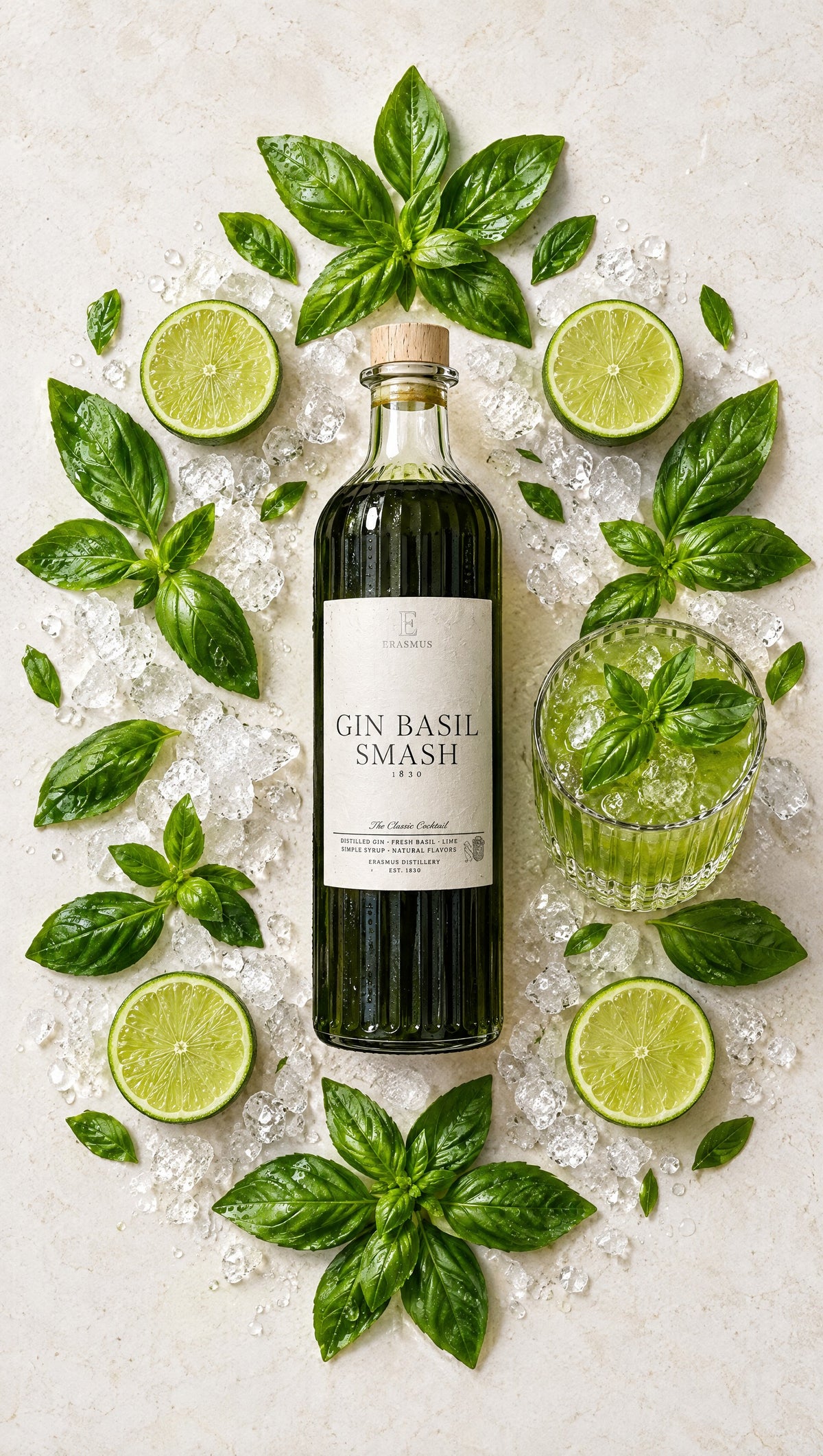 Gin Basil Smash – editorisches Flatlay mit Basilikum, Limetten und Eis
