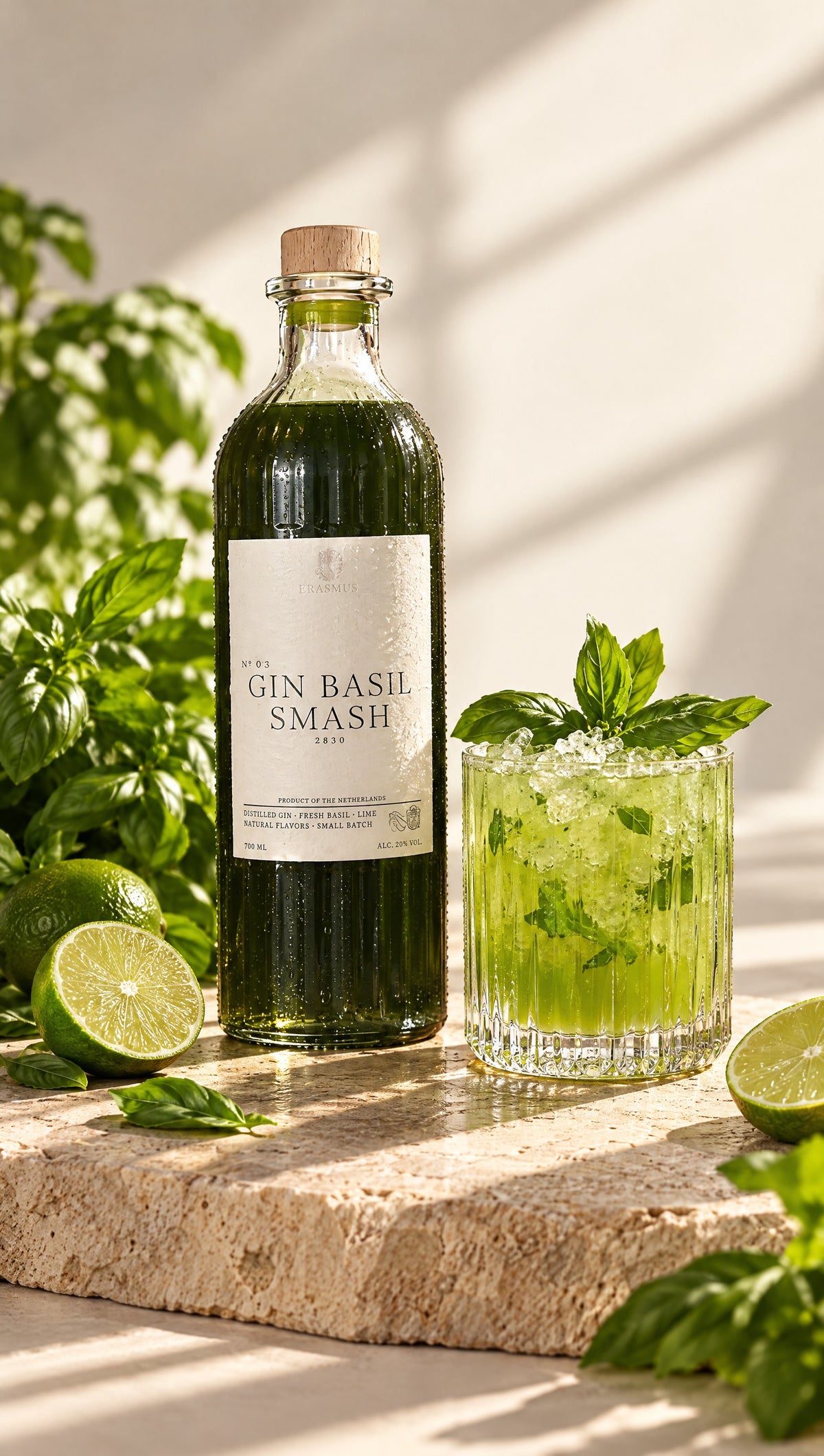 Gin Basil Smash – frisches Basilikum und Limetten Mood-Setting im Sonnenlicht