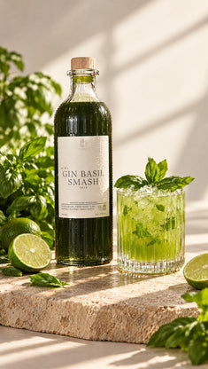 Gin Basil Smash – frisches Basilikum und Limetten Mood-Setting im Sonnenlicht