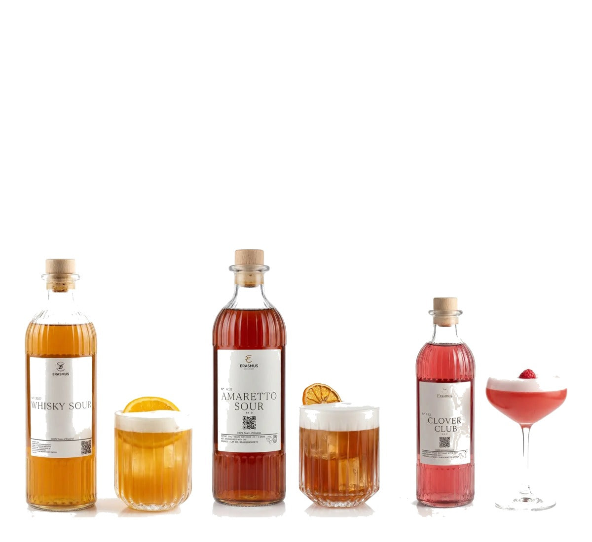 Set Drei Sours – Whisky Sour, Amaretto Sour und Clover Club im Sonnenlicht