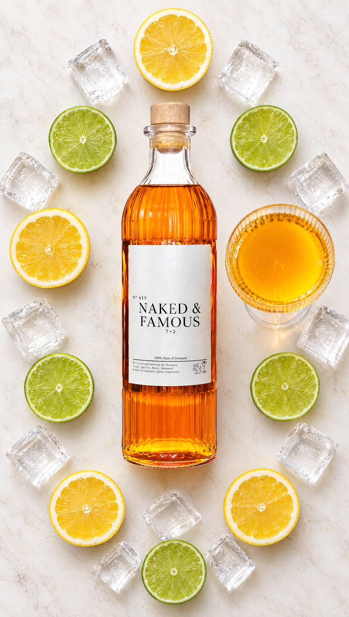 Naked & Famous – Flatlay mit Zitronen und Limetten