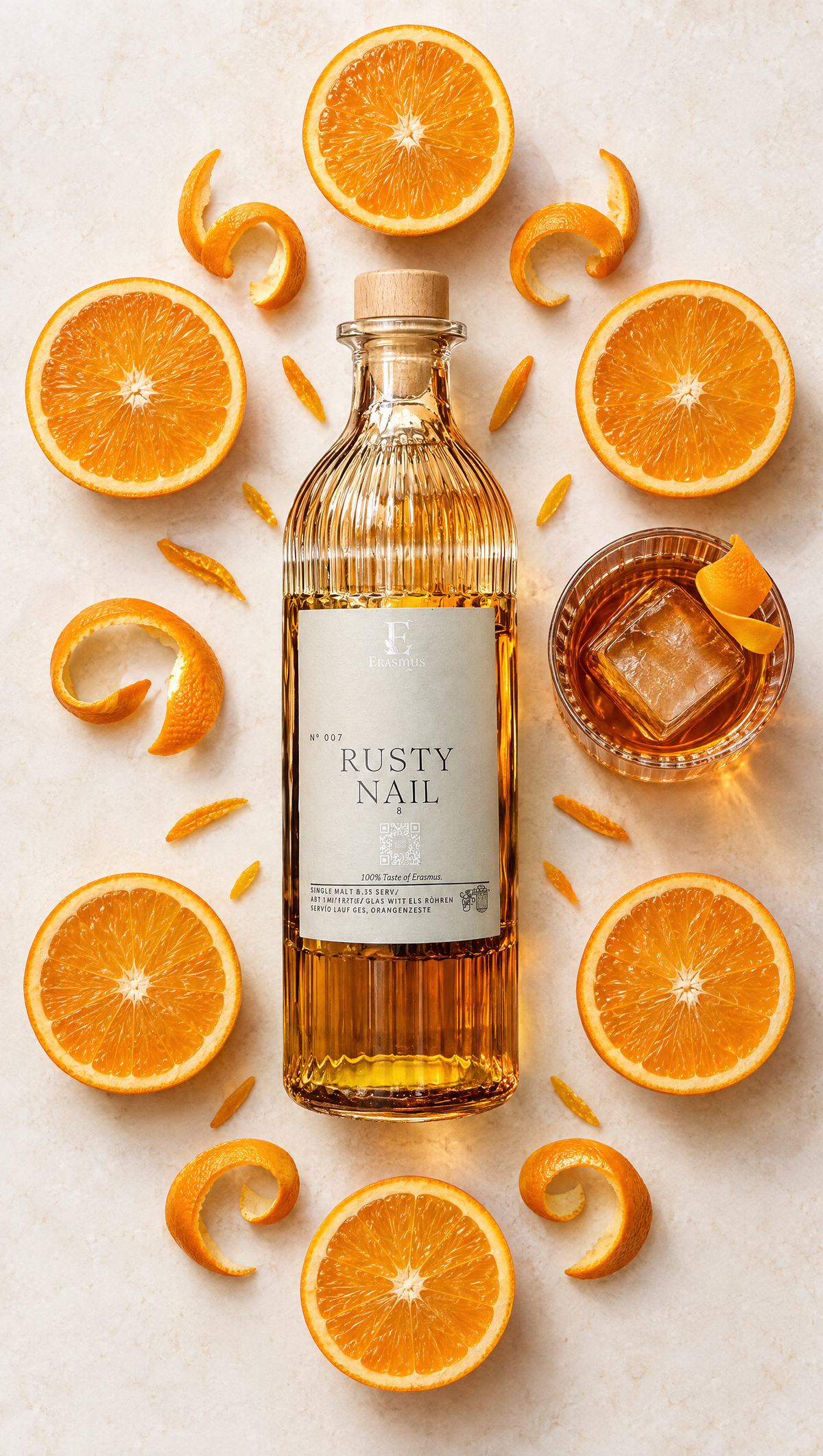 Rusty Nail – Flatlay mit Orangen und Eis