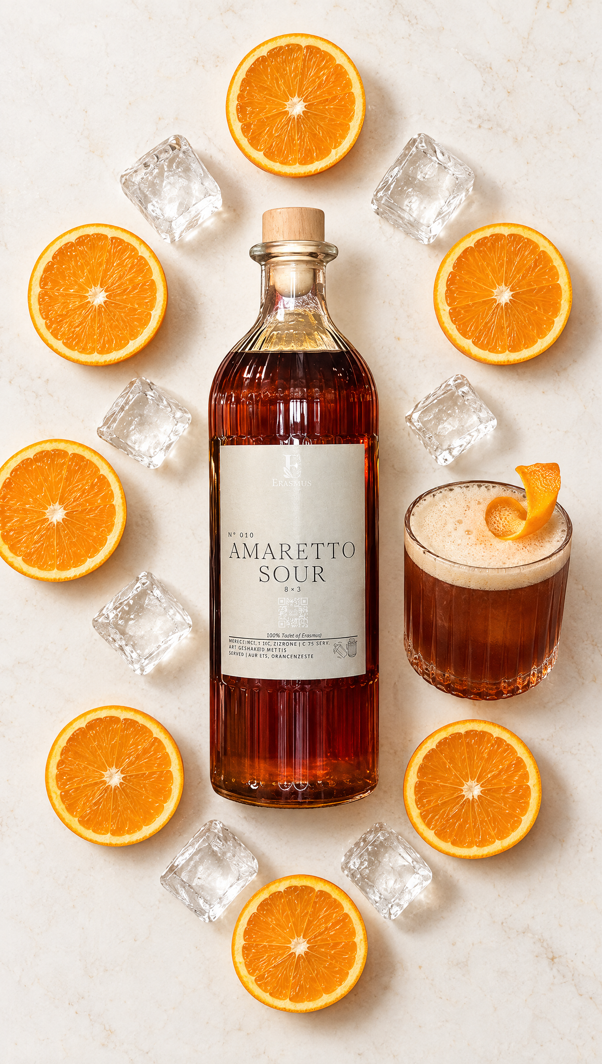 Amaretto Sour – Flatlay mit Orangen und Eis
