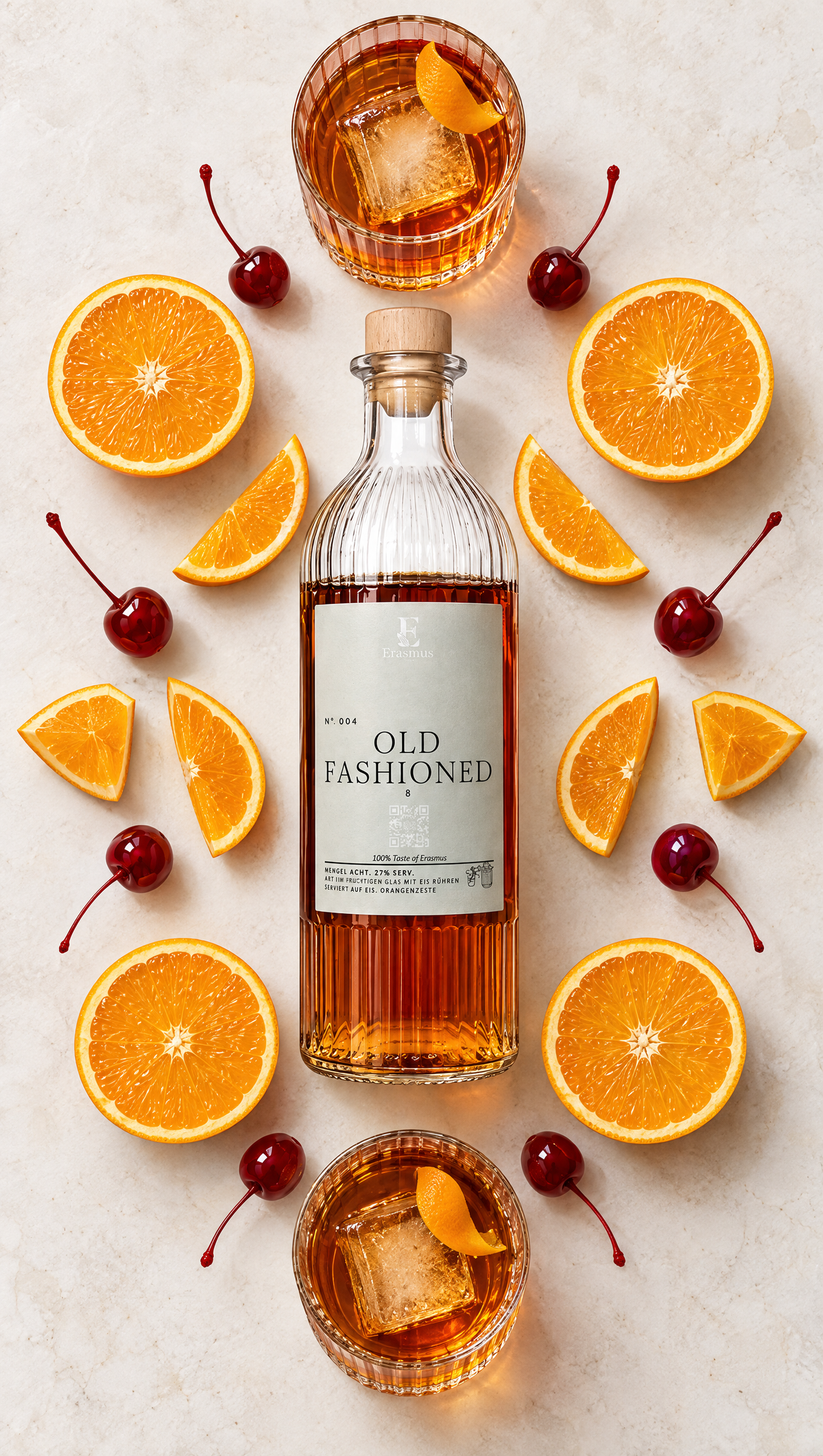 Old Fashioned – Flatlay mit Orangen und Cocktailkirschen