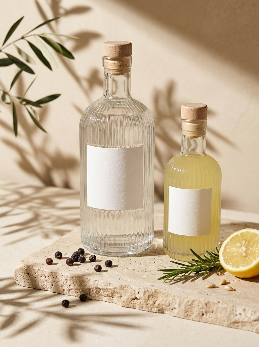 Spirituosen – Mood mit Gin und Limoncello im Sonnenlicht