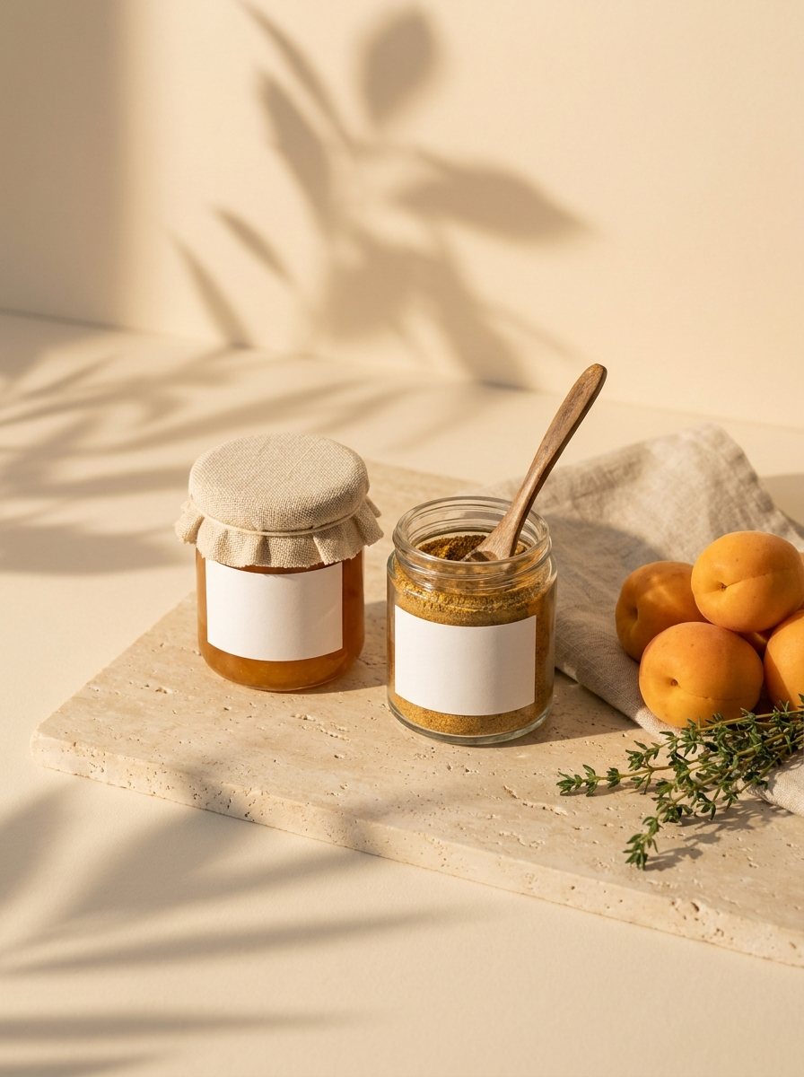 Feinkost – Mood mit Marmelade und Gewürz im Sonnenlicht