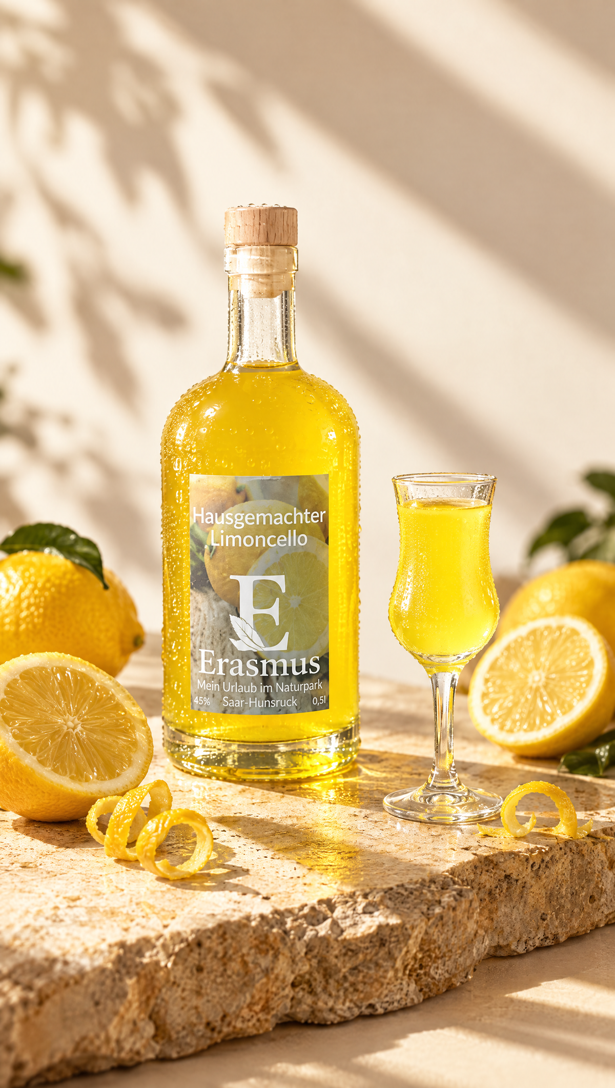 Hausgemachter Limoncello – Flasche und Glas im Sonnenlicht