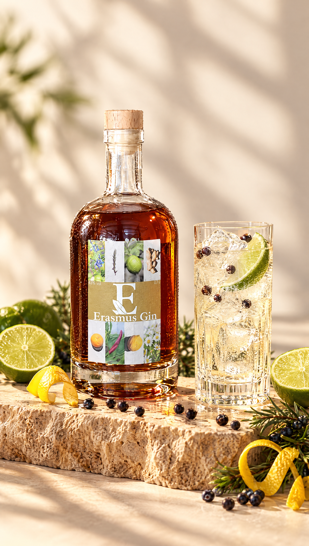 Erasmus Gin – Flasche und Gin Tonic im Sonnenlicht