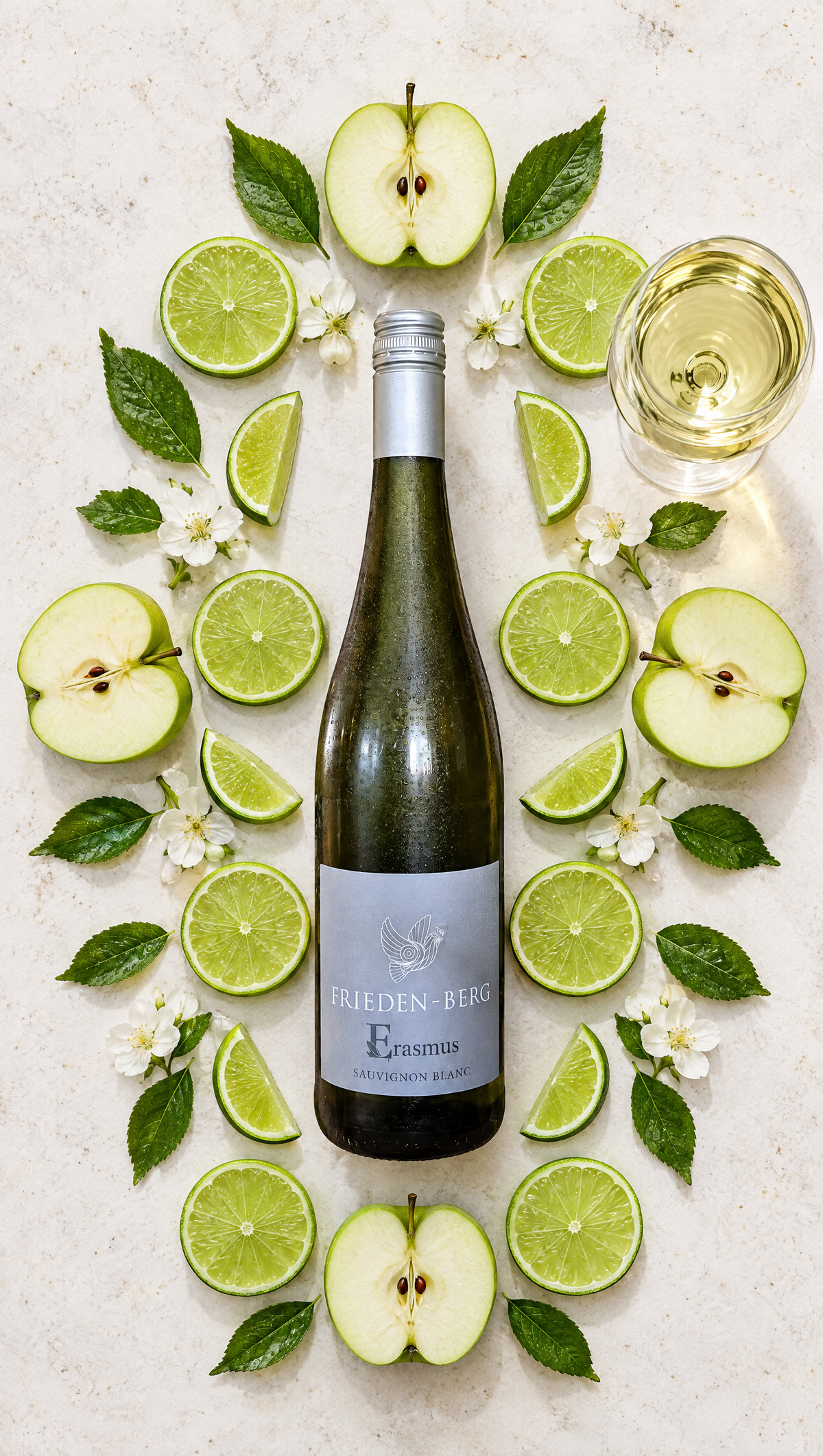 Frieden-Berg × Erasmus Sauvignon Blanc – Flatlay mit Limetten und grünen Äpfeln