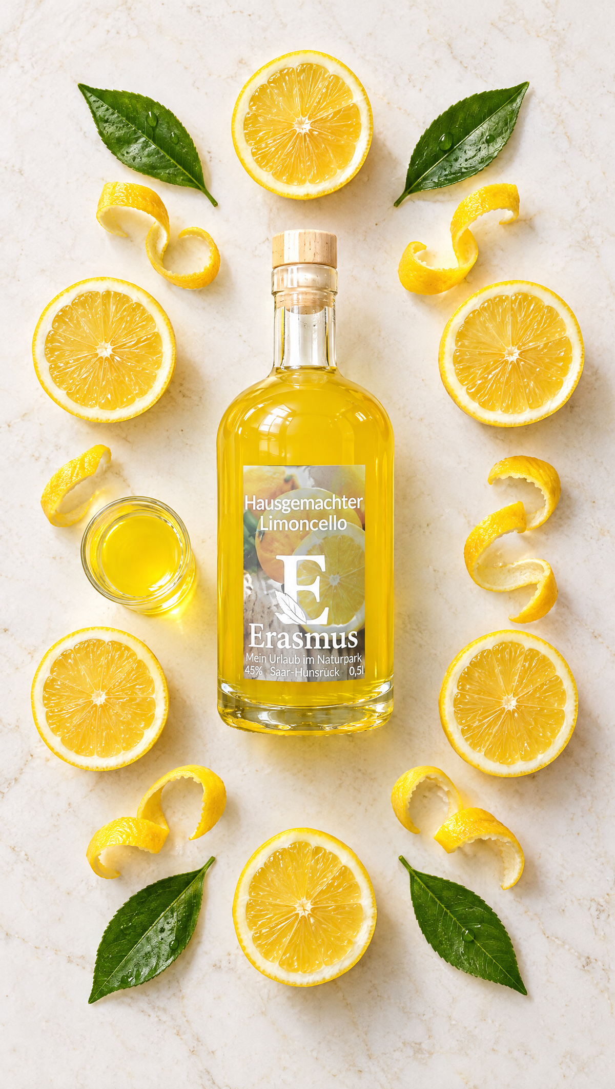 Hausgemachter Limoncello – Flatlay mit Zitronen