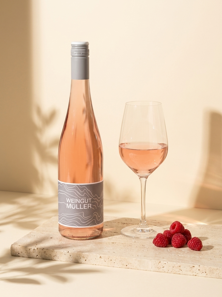Weingut Stefan Müller × Erasmus Rosé – Flasche und Glas im Sonnenlicht