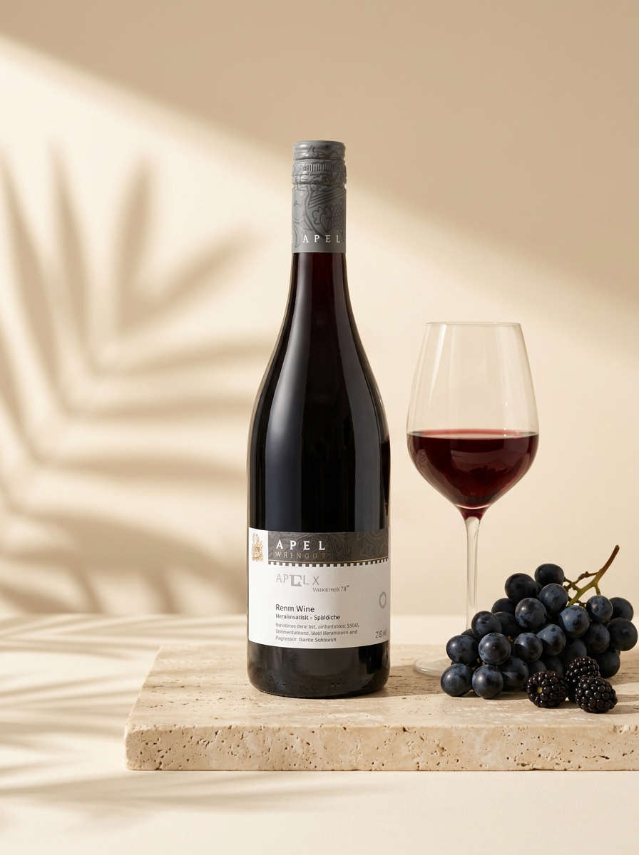 Apel × Erasmus Rotwein – Flasche und Glas im Sonnenlicht