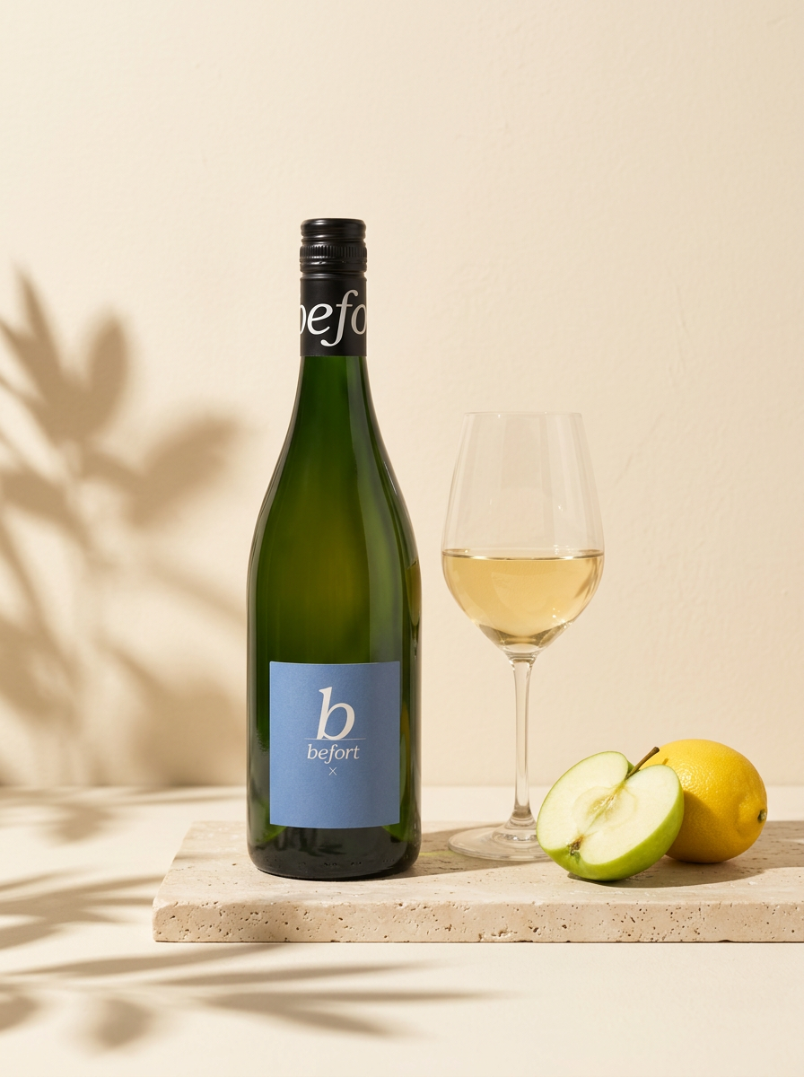 Befort × Erasmus Pinot Blanc Chardonnay – Flasche und Glas im Sonnenlicht