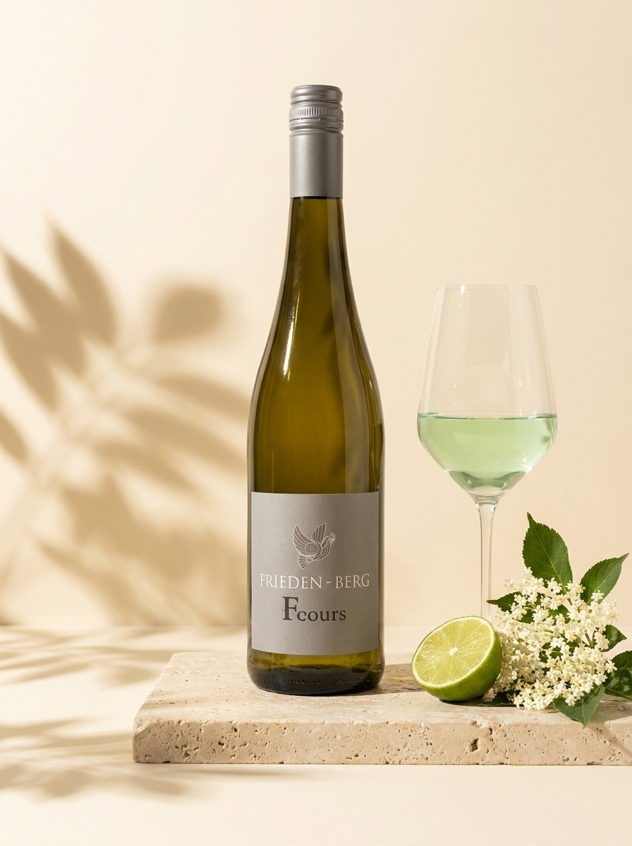 Frieden-Berg × Erasmus Sauvignon Blanc – Flasche und Glas im Sonnenlicht