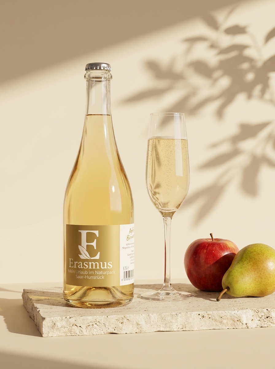 Erasmus Apfel-Birnensecco – Flasche und Glas im Sonnenlicht