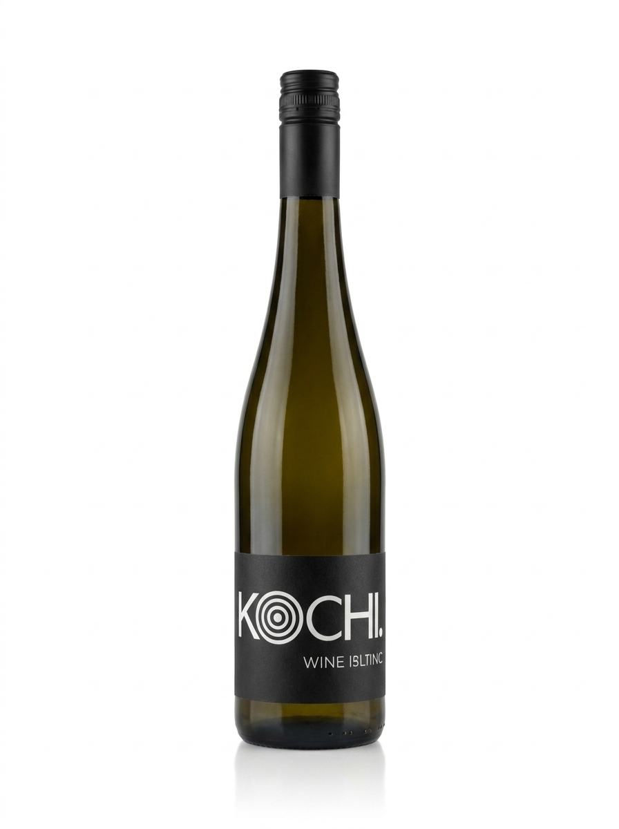 Koch × Erasmus Riesling Kabinett trocken – Flasche und Glas im Sonnenlicht