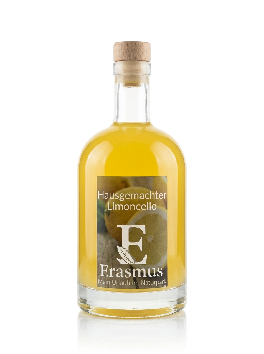 Hausgemachter Limoncello – Flasche und Glas im Sonnenlicht
