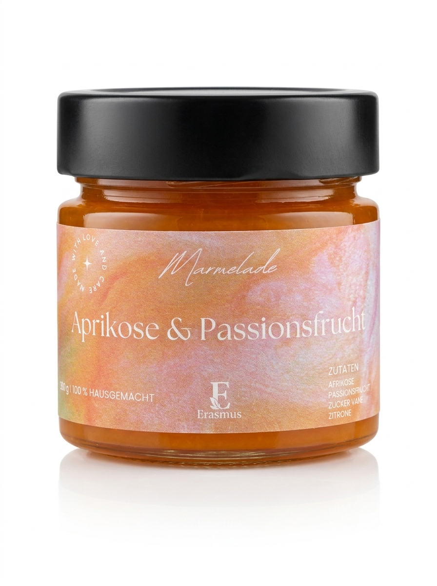 Marmelade Aprikose & Passionsfrucht – Glas mit Brötchen und Aprikosen im Sonnenlicht