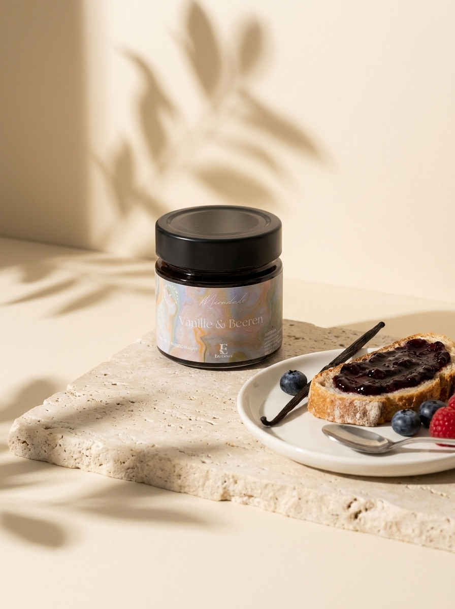 Marmelade Vanille & Beeren – Glas mit Brot und Beeren im Sonnenlicht