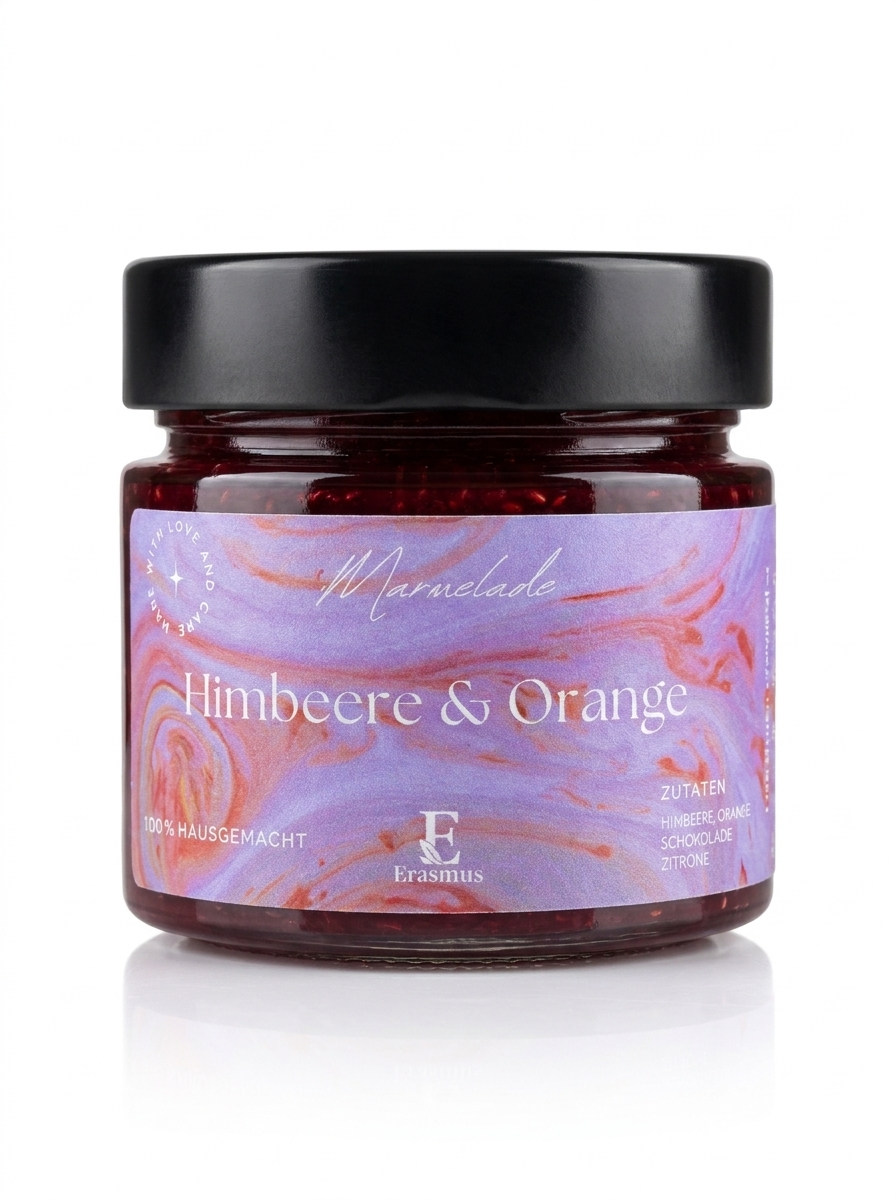 Marmelade Himbeere & Orange – Glas mit Croissant und Himbeeren im Sonnenlicht