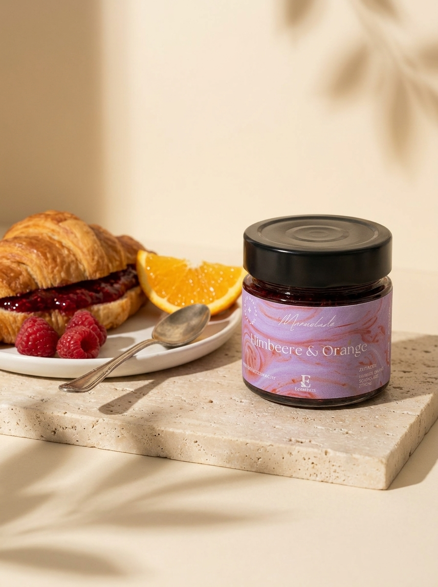 Marmelade Himbeere & Orange – Glas mit Croissant und Himbeeren im Sonnenlicht