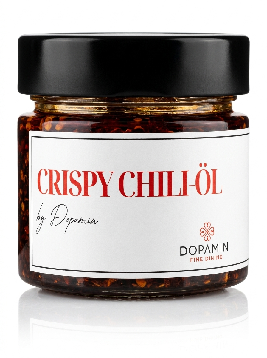 Crispy Chili-Öl by Dopamin – Glas mit Nudelschale und Chilis im Sonnenlicht