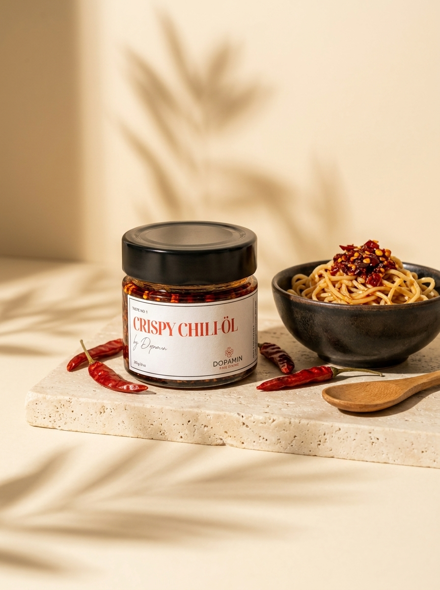 Crispy Chili-Öl by Dopamin – Glas mit Nudelschale und Chilis im Sonnenlicht