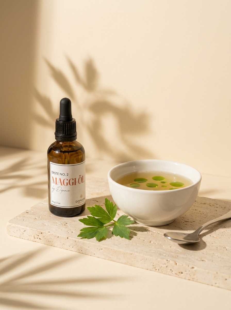 Maggi-Öl by Dopamin – Pipettenflasche mit Suppe und Liebstöckel im Sonnenlicht
