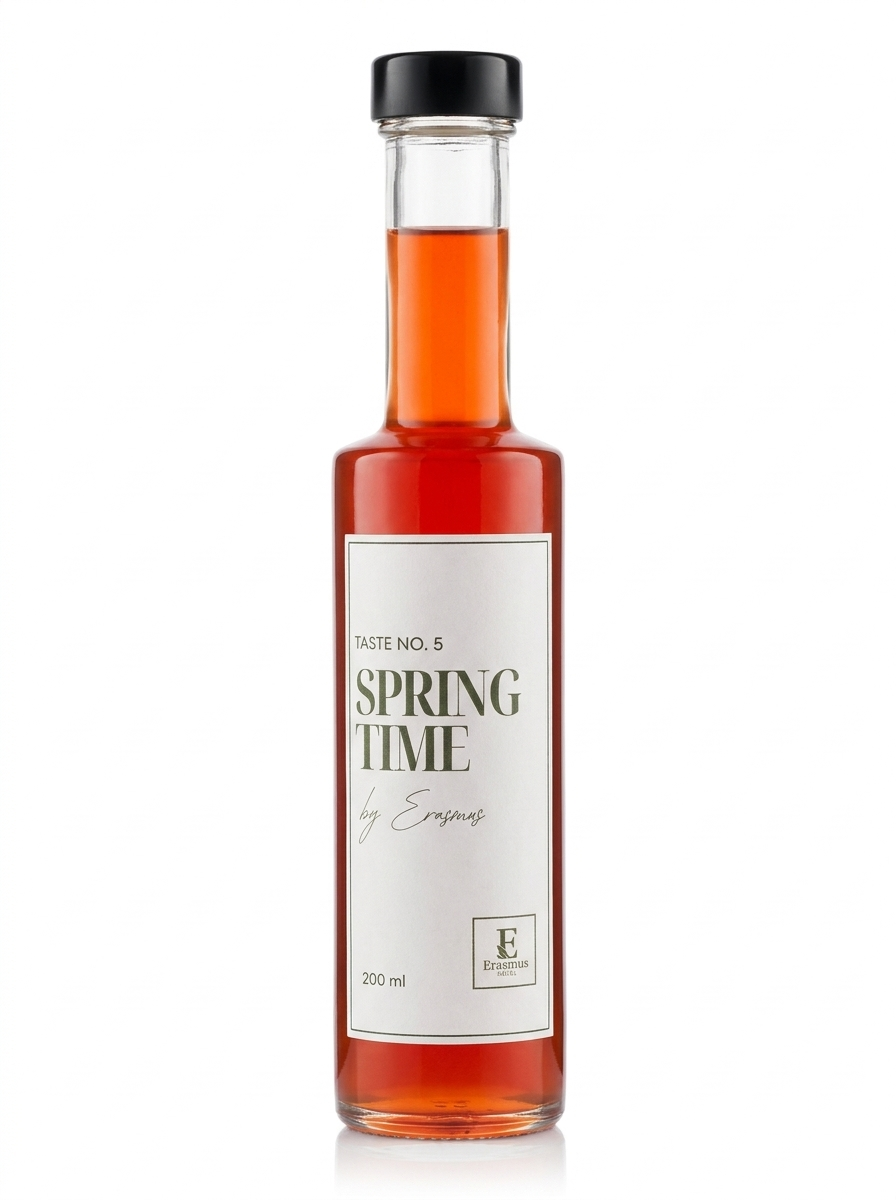 Spring Time Sirup by Erasmus – Flasche mit Sodaglas, Blutorange, Basilikum und Vanille im Sonnenlicht