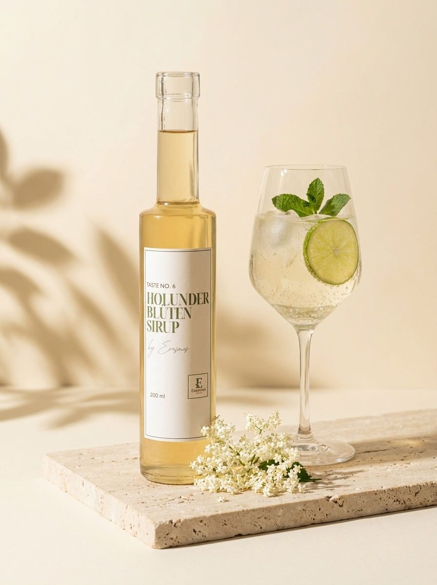 Holunderblütensirup by Erasmus – Flasche mit Hugo und Holunderblüten im Sonnenlicht
