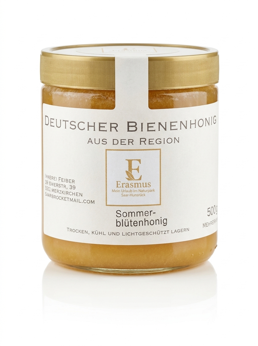 Sommerblütenhonig aus der Region – Glas mit Honiglöffel und Brot im Sonnenlicht
