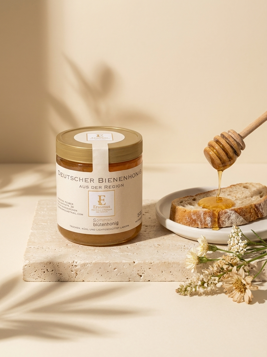 Sommerblütenhonig aus der Region – Glas mit Honiglöffel und Brot im Sonnenlicht