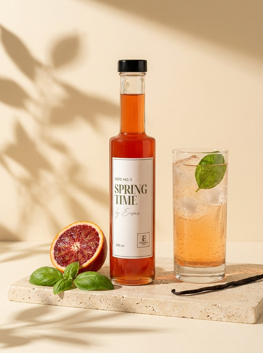 Spring Time Sirup by Erasmus – Flasche mit Sodaglas, Blutorange, Basilikum und Vanille im Sonnenlicht