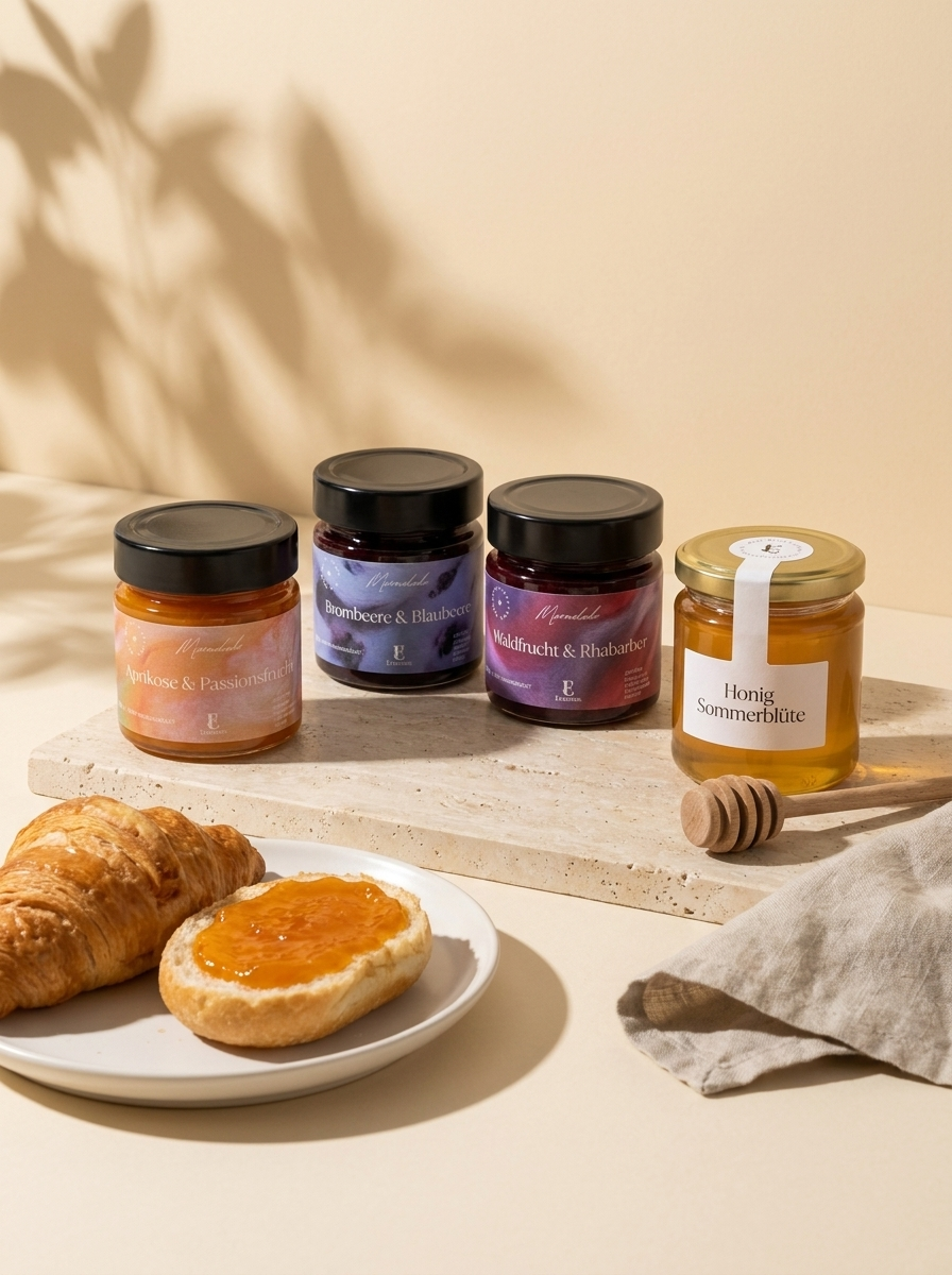 Set Frühstück im Erasmus – drei Marmeladen und Honig mit Croissant im Morgenlicht
