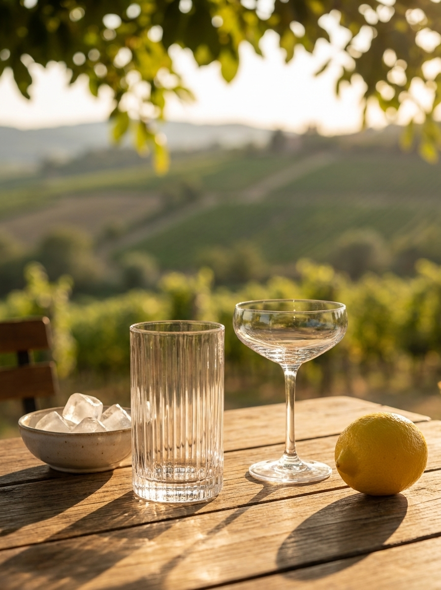 Erasmus Cocktailgläser – Tumbler und Coupe auf der Terrasse im Abendlicht