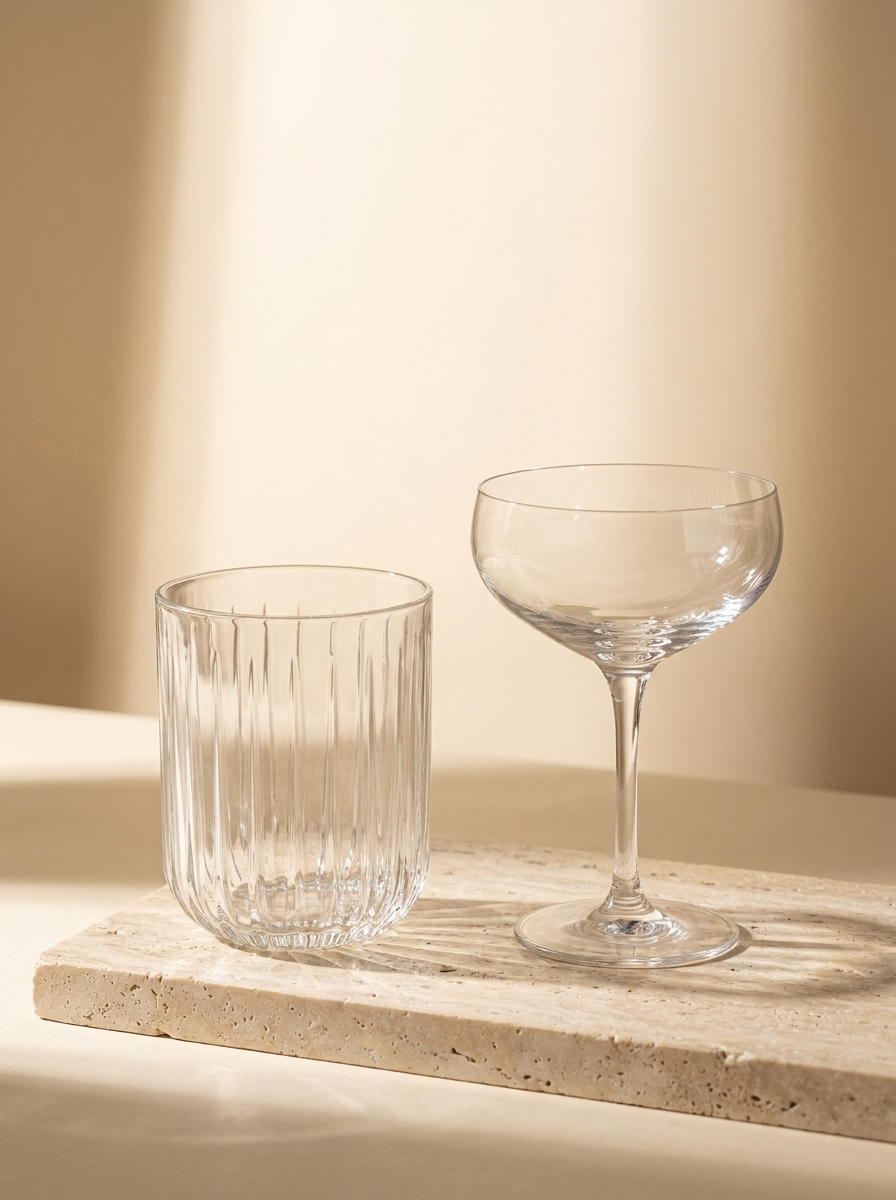 Erasmus Cocktailgläser – Tumbler und Coupe auf der Terrasse im Abendlicht