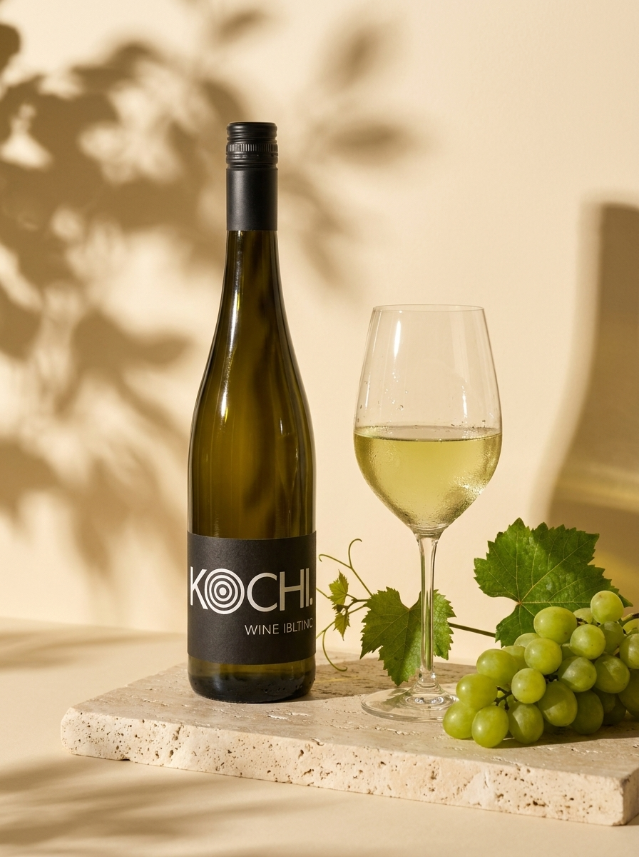 Koch × Erasmus Riesling Kabinett trocken – Flasche und Glas im Sonnenlicht