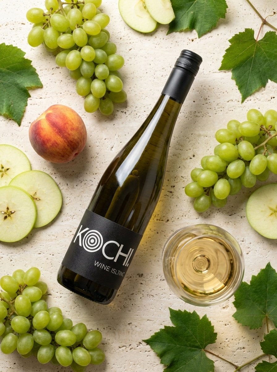 Koch × Erasmus Riesling Kabinett trocken – Flatlay mit Trauben und Apfel