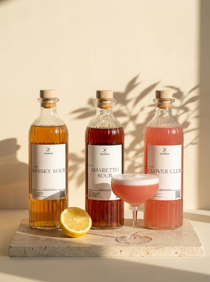 Set Drei Sours – Whisky Sour, Amaretto Sour und Clover Club im Sonnenlicht
